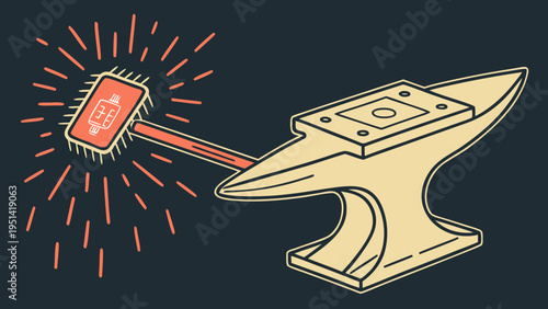 A vector graphic illustration of a hammer striking an anvil with sparks flying everywhere