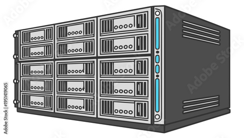 A vector graphic illustration of a large server with multiple rows of computer hardware