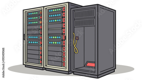 A vector graphic illustration of a server room with three large computer servers