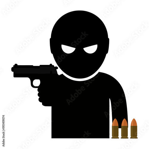 Vector silhouette of a masked man holding a gun and bullets in a threatening pose
