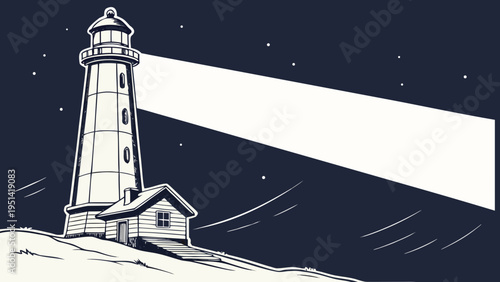 A minimalist vector illustration of a lighthouse shining its beam into the night sky