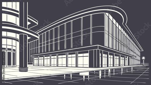A modern office building with a sleek and contemporary design in a minimalist vector illustration