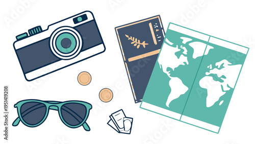A vector graphic illustration of travel essentials including a camera, passport, map, sunglasses, and coins.