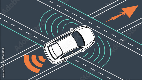 A vector graphic illustration of a car with radar sensors on a road