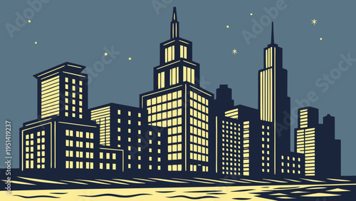 A minimalist vector illustration of a city skyline at night with illuminated skyscrapers