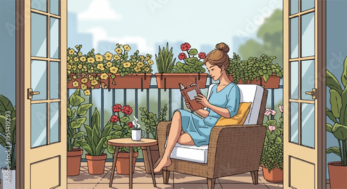 Woman relaxing with cat on balcony surrounded by lush greenery and vibrant flowers in sunny outdoor setting