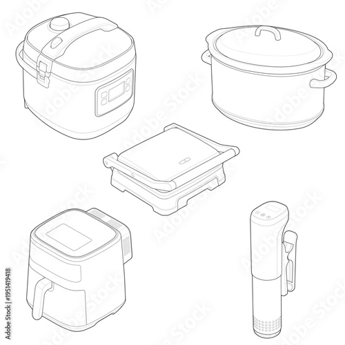 Isometric line illustration of a kitchen appliances set including air fryer, rice cooker, sandwich maker, sous vide device, and stock pot.