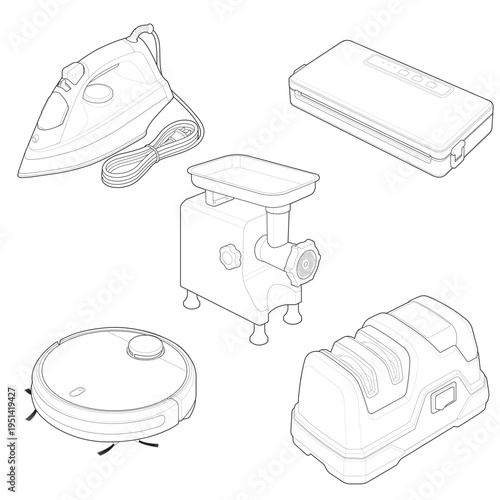 Isometric line illustration of household appliance collection including kitchen processing tools cleaning devices and home care equipment.