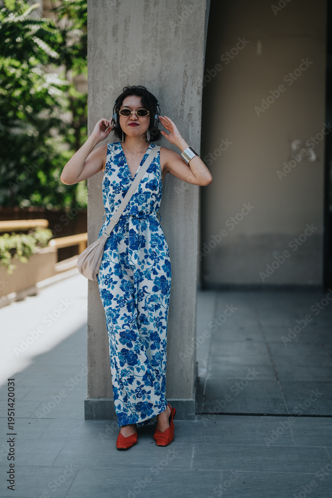 Fototapeta premium A stylish woman wears a blue floral jumpsuit with sunglasses and a cross body bag. She stands near a concrete pillar in an outdoor urban area.
