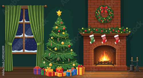 Christmas Tree Decorated with Lights and Gifts in Front of Fireplace