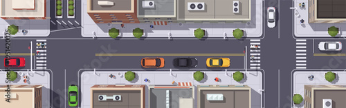 Top view of city streets with cars and pedestrians in flat style on simple urban background reflecting modern traffic concept. Vector illustration
