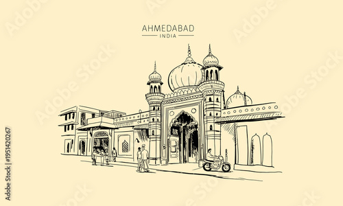 Ahmedabad India Mosque Sketch with Scooter drawing