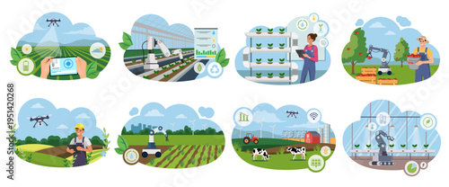 Smart farm set with drones, robots and crops in flat style on white background showing agriculture concept. Vector illustration