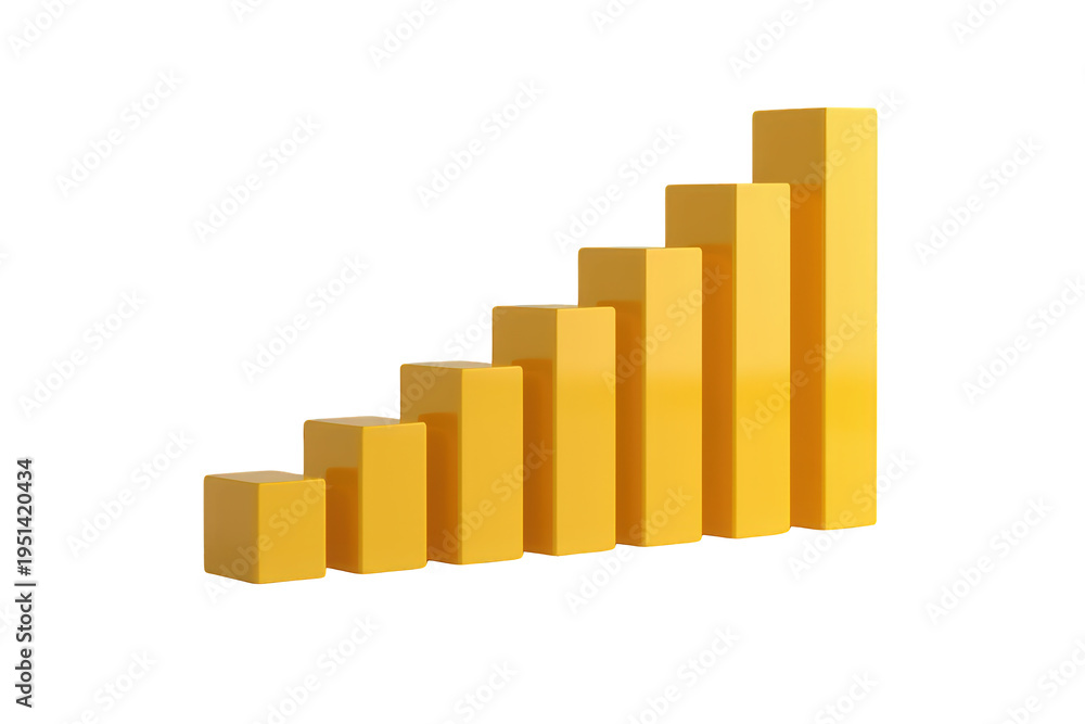 Fototapeta premium Yellow 3d bar chart graph showing business data growth, financial success, and market progress on transparent background