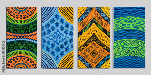 Four vibrant rectangular bookmarks with colorful geometric tribal patterns