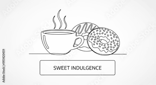 Steaming cup of coffee with sweet donuts on a table for breakfast or snack time indulgence