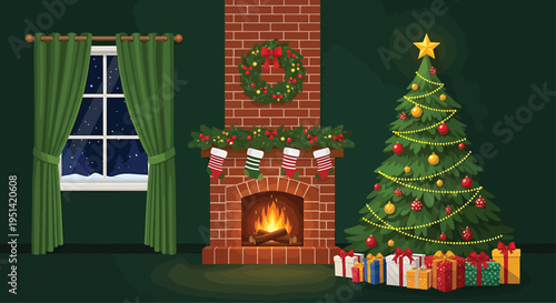 Christmas Tree Decorated with Lights and Gifts beside Brick Fireplace