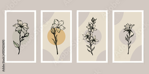 Four botanical line art prints with abstract shapes and neutral tones