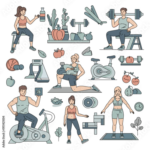 Collection of fitness and healthy lifestyle illustrations featuring people exercising, gym equipment, and nutritious food items.