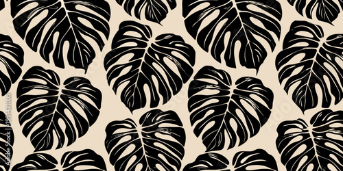 Seamless pattern of monstera leaves in black and beige tones