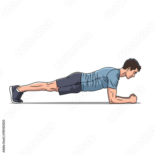 Schilderij op canvas A man in athletic wear demonstrates a perfect plank exercise, holding a strong core position on a white background