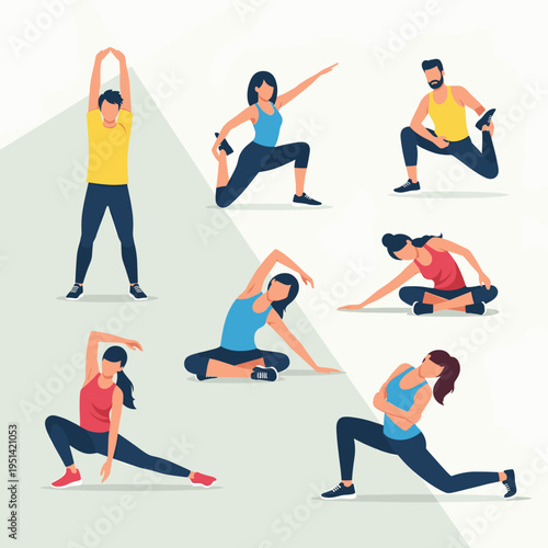 Diverse group of people performing various stretching and yoga exercises for fitness, flexibility, and overall well-being.