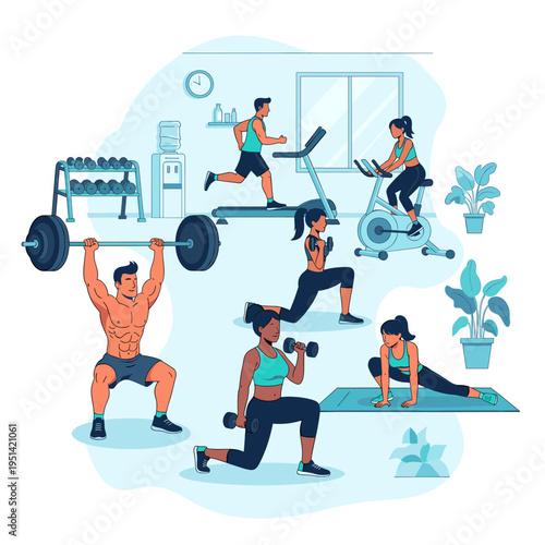 Diverse group of people exercising in a modern gym with various fitness equipment, promoting health and active lifestyle.
