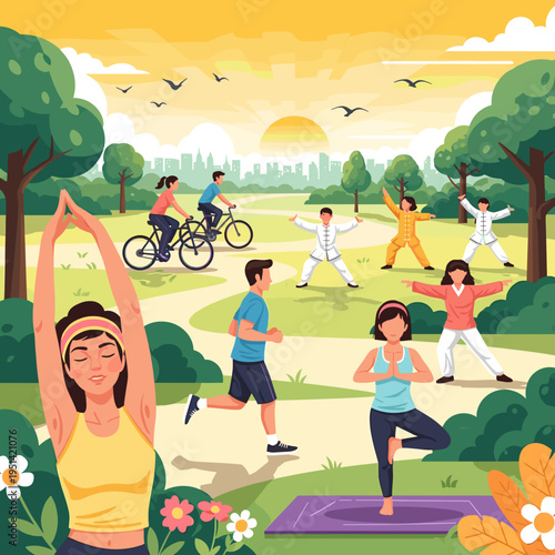 People enjoying various outdoor activities like yoga, jogging, cycling, and Tai Chi in a vibrant park at sunset with a city skyline in the background.