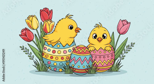Two yellow chicks emerge from decorated easter eggs surrounded by colorful tulips on light blue background