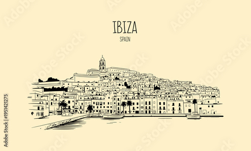 Ibiza Spain Coastal Town and Harbor Sketch Keywords: Ibiza, Spain, coastal town, harbor