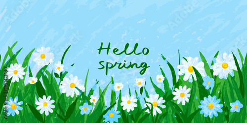 A cheerful illustration of white daisies and green grass with hello spring