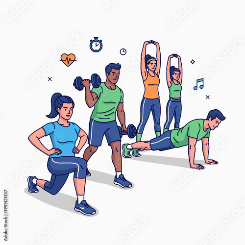 Diverse group of people engaging in various fitness exercises, including lunges, weightlifting, stretching, and push-ups, in a vibrant gym setting.