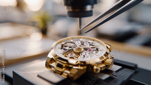 Precision tweezers position ruby bearing into gold watch movement on jeweler's bench, magnification revealing intricate escapement wheel and hairspring mechanism, perfect for luxury watchmaking