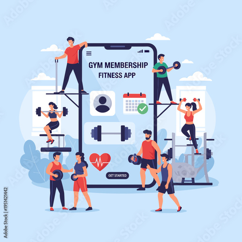 People exercising around a large smartphone displaying a gym membership fitness app with various workout icons and features.