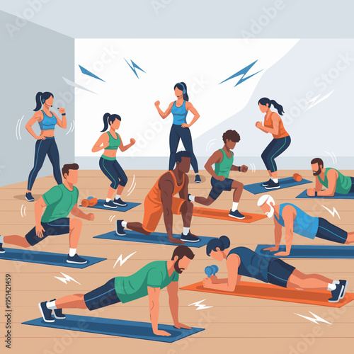 Diverse group of people performing various fitness exercises in a gym class led by an instructor.