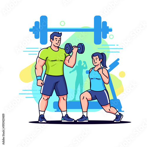 A muscular man in a green t-shirt and blue shorts lifts a dumbbell while a woman in a blue tank top and shorts performs a lunge next to him, with a barbell in the background.
