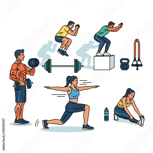 Illustrations of people performing various exercises including weightlifting, box jumps, lunges, and stretching, alongside fitness equipment like dumbbells, barbells, and resistance bands.