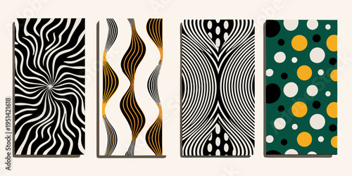Four abstract panels displaying swirling and patterned optical illusions