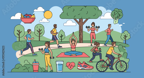 A vibrant illustration depicting a diverse group of people engaging in various outdoor recreational activities and healthy lifestyle choices in a park setting.