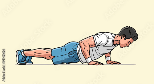 A man in athletic wear performing a push-up exercise on a plain background, demonstrating physical fitness and strength training.