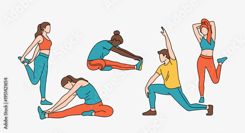 Diverse group of people performing various stretching exercises in activewear, illustrating flexibility and fitness routines.