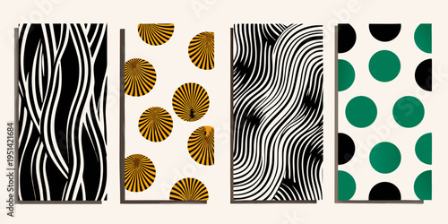 Four vertically arranged panels showcasing abstract patterned designs