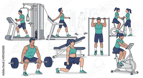 Diverse individuals performing various exercises in a modern gym, including cardio, strength training, and weightlifting activities.