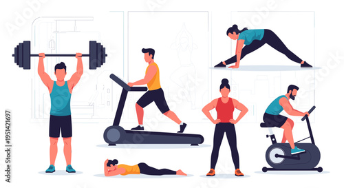 Diverse group of people performing various fitness exercises and gym activities, including weightlifting, running, stretching, and cycling.