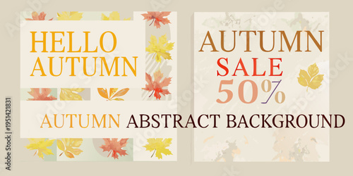 Autumn sale advertisements with colorful falling leaves and abstract designs