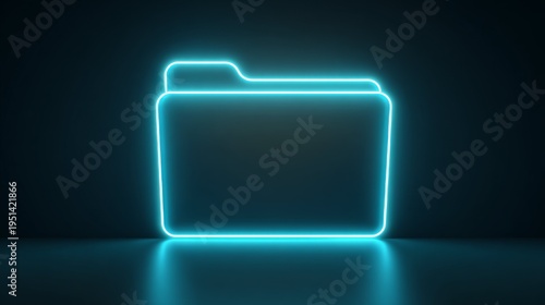 Minimalist Neon: The outline of a simple closed folder icon glowing with a single, unbroken line of neon blue light against a dark background. Detailed light bleed.