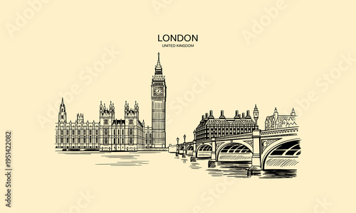 London Skyline Sketch with Big Ben and Westminster Bridge United Kingdom drawing