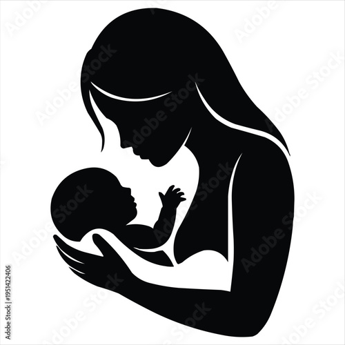 Clean vector illustration of a mother's silhouette breastfeeding her baby, representing family.