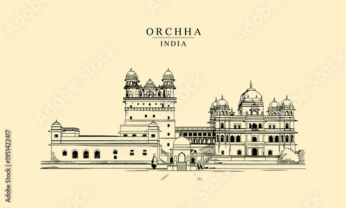 Orchha India Palace Complex Sketch vector illustration