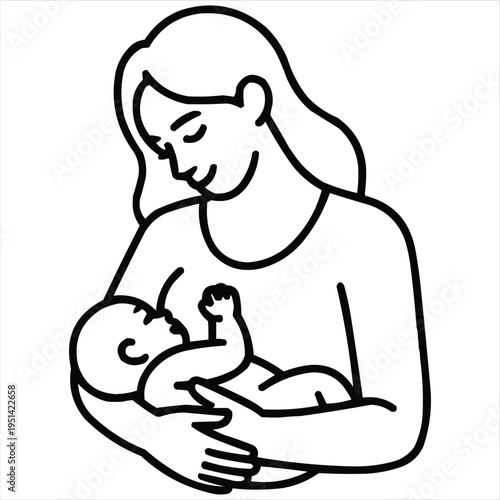 Mother breastfeeding her baby with love and care, simple line art vector illustration.